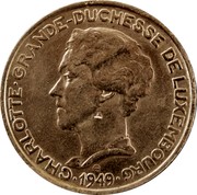 Luxembourg 5 Francs Charlotte 1949 KM# 50 CHARLOTTE GRANDE DUCHESSE DE LUXEMBOURG AB •1949• coin obverse Luxembourg 5 Francs Charlotte 1949 KM# 50 CHARLOTTE GRANDE DUCHESSE DE LUXEMBOURG AB •1949• coin obverse