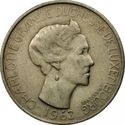 Luxembourg 5 Francs Charlotte 1962 KM# 51 CHARLOTTE GRANDE DUCHESSE DE LUXEMBOURG 1962 J.N. LEFEVRE coin obverse