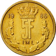 Luxembourg 5 Francs Jean 1986 KM# 60.2 19 86 5F IML coin reverse Luxembourg 5 Francs Jean 1986 KM# 60.2 19 86 5F IML coin reverse