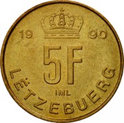 Luxembourg 5 Francs Jean 1990 KM# 65 19 90 5F IML LËTZEBUERG coin reverse
