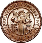 Cyprus 5 Mils Elizabeth II - 1st portrait 1955 KM# 34 GOVERNMENT OF CYPRUS ∙ FIVE MILS 5 1955 coin reverse