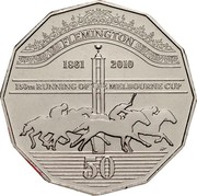 Australia 50 Cents (Melbourne Cup) KM# 1501 FLEMINGTON 1861 2010 150TH RUNNING OF THE MELBOURNE CUP 50 coin reverse Australia 50 Cents (Melbourne Cup) KM# 1501 FLEMINGTON 1861 2010 150TH RUNNING OF THE MELBOURNE CUP 50 coin reverse