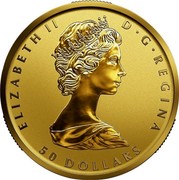 Canada 50 Dollars 40th Anniversary of the Gold Maple Leaf 2019 ELIZABETH II D • G • REGINA 50 DOLLARS coin obverse Canada 50 Dollars 40th Anniversary of the Gold Maple Leaf 2019 ELIZABETH II D • G • REGINA 50 DOLLARS coin obverse