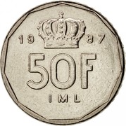 Luxembourg 50 Francs 1987 KM# 62 Standard Coinage Resumed 19 87 50F IML coin reverse Luxembourg 50 Francs 1987 KM# 62 Standard Coinage Resumed 19 87 50F IML coin reverse