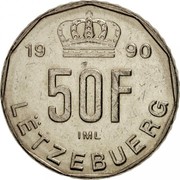 Luxembourg 50 Francs Grand Duchy. Jean 1990 KM# 66 19 90 50F IML LËTZEBUERG coin reverse Luxembourg 50 Francs Grand Duchy. Jean 1990 KM# 66 19 90 50F IML LËTZEBUERG coin reverse