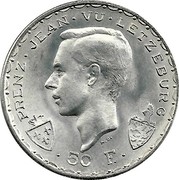 Luxembourg 50 Francs 600th Anniversary - John the Blind 1946 Proof KM# 48 PRENZ JEAN VU LETZEBURG A.H. 50 F. coin obverse Luxembourg 50 Francs 600th Anniversary - John the Blind 1946 Proof KM# 48 PRENZ JEAN VU LETZEBURG A.H. 50 F. coin obverse