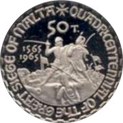 Malta 50 Tari 400th Anniversary of Great Siege 1965 X# 403 QUADR'CENTENNIAL OF THE GREAT SIEGE OF MALTA 1565 1965 50 T. coin reverse