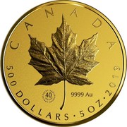 Canada 500 Dollars Gold Maple Leaf 40th Anniversary 2019 (40 1979-2019 ANNIVERSARY•ANNIVERSAIRE) CANADA 9999AU 500 DOLLARS • 5 OZ • 2019 coin reverse Canada 500 Dollars Gold Maple Leaf 40th Anniversary 2019 (40 1979-2019 ANNIVERSARY•ANNIVERSAIRE) CANADA 9999AU 500 DOLLARS • 5 OZ • 2019 coin reverse