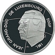 Luxembourg 500 Francs Presidency of the European Community (1997) (qp) KM# 72 JEAN GRAND-DUC DE LUXEMBOURG 500F IML QP G/C coin obverse Luxembourg 500 Francs Presidency of the European Community (1997) (qp) KM# 72 JEAN GRAND-DUC DE LUXEMBOURG 500F IML QP G/C coin obverse