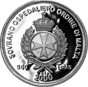 Malta 500 Liras The Great Siege of 1565 2000 Proof X# 304 SOVRANO OSPEDALIERO ORDINE DI MALTA KNIGHTS OF MALTA 500 LIRAS O.S.J. 2000 coin obverse