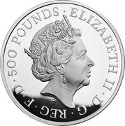 UK 500 Pounds Yale of Beaufort 2019 Proof ELIZABETH II•D•G•REG•F•D•500 POUNDS• coin obverse UK 500 Pounds Yale of Beaufort 2019 Proof ELIZABETH II•D•G•REG•F•D•500 POUNDS• coin obverse