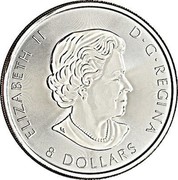 Canada 8 Dollars Bald Eagle 2017  ELIZABETH II D ∙ G ∙ REGINA 8 DOLLARS coin obverse Canada 8 Dollars Bald Eagle 2017  ELIZABETH II D ∙ G ∙ REGINA 8 DOLLARS coin obverse