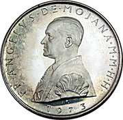 Malta 9 Tari Angelo 1973 proof X# 53 FR∙ANGELUS∙DE∙MOJANA∙M∙M∙H∙H∙ 1973 J. P. coin obverse