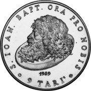 Malta 9 Tari Head of St. John the Baptist on a platter 1989 Proof, unknown in proof sets PS84/PS87 X# 143 S. IOAN. BAPT. ORA PRO NOBIS 9 TARI 1989 coin reverse Malta 9 Tari Head of St. John the Baptist on a platter 1989 Proof, unknown in proof sets PS84/PS87 X# 143 S. IOAN. BAPT. ORA PRO NOBIS 9 TARI 1989 coin reverse