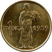 Luxembourg Franc 1939 KM# 44 Standard Coinage Resumed 1 FRANG 1939 A.B. coin reverse Luxembourg Franc 1939 KM# 44 Standard Coinage Resumed 1 FRANG 1939 A.B. coin reverse