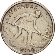 Luxembourg Franc 1946 KM# 46.1 Standard Coinage Resumed LETZEBURG A.B. 1946 coin obverse Luxembourg Franc 1946 KM# 46.1 Standard Coinage Resumed LETZEBURG A.B. 1946 coin obverse