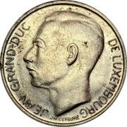 Luxembourg Franc Jean 1968 KM# 55 JEAN GRAND-DUC DE LUXEMBOURG J N LEVEVRE coin obverse Luxembourg Franc Jean 1968 KM# 55 JEAN GRAND-DUC DE LUXEMBOURG J N LEVEVRE coin obverse