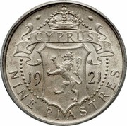 Cyprus Nine Piastres George V 1921 KM# 13 CYPRUS 19 21 NINE PIASTRES coin reverse
