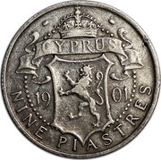Cyprus Nine Piastres Victoria 1901 KM# 6 CYPRUS 19 01 NINE PIASTRES coin reverse Cyprus Nine Piastres Victoria 1901 KM# 6 CYPRUS 19 01 NINE PIASTRES coin reverse