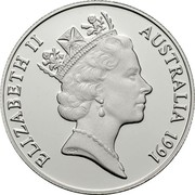 Australia Ten Dollars Jabiru Stork. Piedfort 1991 Proof KM# P3 ELIZABETH II AUSTRALIA 1991 RDM coin obverse Australia Ten Dollars Jabiru Stork. Piedfort 1991 Proof KM# P3 ELIZABETH II AUSTRALIA 1991 RDM coin obverse