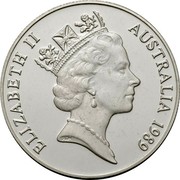 Australia Ten Dollars Kookaburra. Piedfort 1989 Proof; Piedfort KM# 133a ELIZABETH II AUSTRALIA 1989 RDM coin obverse Australia Ten Dollars Kookaburra. Piedfort 1989 Proof; Piedfort KM# 133a ELIZABETH II AUSTRALIA 1989 RDM coin obverse
