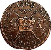 Ireland 1/2 Crown James II Gun Money 1690 Proof, May KM# 101a 1690 . MAG. BR. FRA. ET . HIB. REX. XXX JR MAY. coin reverse Ireland 1/2 Crown James II Gun Money 1690 Proof, May KM# 101a 1690 . MAG. BR. FRA. ET . HIB. REX. XXX JR MAY. coin reverse