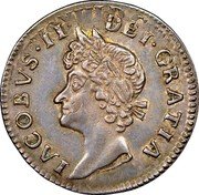 Ireland 1/2 Penny James II 1690 Proof KM# 96b JACOBVS II DEI GRATIA coin obverse Ireland 1/2 Penny James II 1690 Proof KM# 96b JACOBVS II DEI GRATIA coin obverse