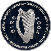 Ireland 10 Euro European Union Accession 2004 Proof KM# 42 ÉIRE 2004 CESKÁ REPUBLICÁ • EESTI • KYPROS • LATVIJA • LIETUVA • MAGYARORSZÁG • MALTA • POLSKA • SLOVENIJA • SLOVENSKO • coin obverse Ireland 10 Euro European Union Accession 2004 Proof KM# 42 ÉIRE 2004 CESKÁ REPUBLICÁ • EESTI • KYPROS • LATVIJA • LIETUVA • MAGYARORSZÁG • MALTA • POLSKA • SLOVENIJA • SLOVENSKO • coin obverse