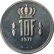 Luxembourg 10 Francs Jean Essai 1971 (fr) Essai - rare KM# E85 10F 1971 N.J.L. coin reverse