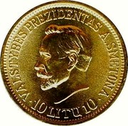 Lithuania 10 Litu A. Smetona 1938 KM# Pn14 VALSTYBES PREZIDENTAS A. SMETONA 10 LITU 10 coin reverse Lithuania 10 Litu A. Smetona 1938 KM# Pn14 VALSTYBES PREZIDENTAS A. SMETONA 10 LITU 10 coin reverse