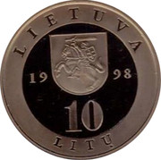 Lithuania 10 Litu Vilnius 1998 Proof KM# 115 LIETUVA 1998 10 LITŲ coin reverse Lithuania 10 Litu Vilnius 1998 Proof KM# 115 LIETUVA 1998 10 LITŲ coin reverse