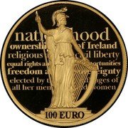 Ireland 100 Euro 100th Anniversary of the Proclamation of the Irish Republic 2016 Proof KM# 92 NATIONHOOD OWNERSHIP OF IRELAND RELIGIOUS AND CIVIL LIBERTY EQUAL RIGHTS AND EQUAL OPPORTUNITIES FREEDOM AND SOVEREIGNTY ELECTED BY THE SUFFRAGES OF ALL HER MEN AND WOMEN 100 EURO coin reverse Ireland 100 Euro 100th Anniversary of the Proclamation of the Irish Republic 2016 Proof KM# 92 NATIONHOOD OWNERSHIP OF IRELAND RELIGIOUS AND CIVIL LIBERTY EQUAL RIGHTS AND EQUAL OPPORTUNITIES FREEDOM AND SOVEREIGNTY ELECTED BY THE SUFFRAGES OF ALL HER MEN AND WOMEN 100 EURO coin reverse