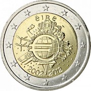 Ireland 2 Euro 10 Years of Euro Cash 2012 KM# 71 ÉIRE A.H. € 2002 2012 coin obverse Ireland 2 Euro 10 Years of Euro Cash 2012 KM# 71 ÉIRE A.H. € 2002 2012 coin obverse