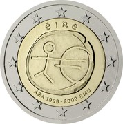 Ireland 2 Euro 10th Anniversary of the Economic Monetary Union 2009 KM# 62 ÉIRE € AEA 1999 - 2009 EMU coin obverse Ireland 2 Euro 10th Anniversary of the Economic Monetary Union 2009 KM# 62 ÉIRE € AEA 1999 - 2009 EMU coin obverse