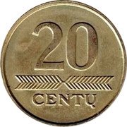 Lithuania 20 Centu 2012 In sets only KM# 107 Reform Coinage 20 CENTŲ coin reverse Lithuania 20 Centu 2012 In sets only KM# 107 Reform Coinage 20 CENTŲ coin reverse