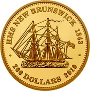 Canada 200 Dollars 1843 New Brunswick penny 2019 HMS NEW BRUNSWICK 1843 200 DOLLARS 2019 coin reverse Canada 200 Dollars 1843 New Brunswick penny 2019 HMS NEW BRUNSWICK 1843 200 DOLLARS 2019 coin reverse