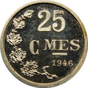 Luxembourg 25 Cmes Crowned shield of Luxembourg 1946 (fr) ESSAI - Rare KM# E44 25 CMES 1946 coin reverse Luxembourg 25 Cmes Crowned shield of Luxembourg 1946 (fr) ESSAI - Rare KM# E44 25 CMES 1946 coin reverse