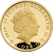 UK 25 Pounds Tower of London 2019 Proof ELIZABETH II∙D∙G∙REG∙F∙D∙25 POUNDS∙2019∙ JC coin obverse UK 25 Pounds Tower of London 2019 Proof ELIZABETH II∙D∙G∙REG∙F∙D∙25 POUNDS∙2019∙ JC coin obverse