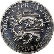 Cyprus 45 Piastres Edward VIII 1937 Proof X# M15 CYPRUS 1937 MODEL FORTY FIVE PIASTRES coin reverse Cyprus 45 Piastres Edward VIII 1937 Proof X# M15 CYPRUS 1937 MODEL FORTY FIVE PIASTRES coin reverse