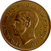Cyprus 45 Piastres Edward VIII XM15a 1937 Proof EDWARDVS VIII D: G: BR: OMN: REX F: D: IND: IMP. coin obverse