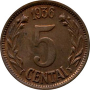 Lithuania 5 Centai 1936 KM# 81 Republic 1936 5 CENTAI coin reverse Lithuania 5 Centai 1936 KM# 81 Republic 1936 5 CENTAI coin reverse