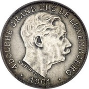 Luxembourg 5 Centimes Adolphe 1901 ADOLPHE GRAND DUC DE LUXEMBOURG A MICHAUX ∙ 1901 ∙ coin obverse Luxembourg 5 Centimes Adolphe 1901 ADOLPHE GRAND DUC DE LUXEMBOURG A MICHAUX ∙ 1901 ∙ coin obverse