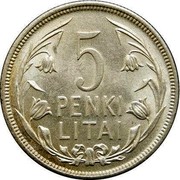 Lithuania 5 Litai 1925 KM# 78 Republic 5 PENKI LITAI coin reverse Lithuania 5 Litai 1925 KM# 78 Republic 5 PENKI LITAI coin reverse