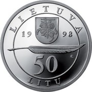 Lithuania 50 Litu 200th birth Anniversary of Adam Mickiewicz 1998 Proof KM# 114 LIETUVA 19 98 LMK 50 LITU coin obverse Lithuania 50 Litu 200th birth Anniversary of Adam Mickiewicz 1998 Proof KM# 114 LIETUVA 19 98 LMK 50 LITU coin obverse