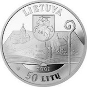 Lithuania 50 Litu 200th birth anniversary of Motiejus Valancius 2001 Proof KM# 129 LIETUVA 2001 LMK 50 LITŲ coin obverse