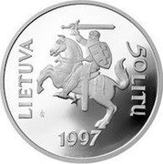 Lithuania 50 Litu 450th Anniversary of the first Lithuanian book 1997 Proof KM# 104 LIETUVA 50 LITŲ LMK 1997 coin obverse