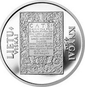 Lithuania 50 Litu 450th Anniversary of the first Lithuanian book 1997 Proof KM# 104 LIETU VIŠKAI CATE KNYGAI 450 coin reverse