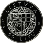 Lithuania 50 Litu 600th anniversary of the Battle of Grunwald 2010 Proof KM# 181 2010 LIETUVA LMK 50 LITŲ coin obverse Lithuania 50 Litu 600th anniversary of the Battle of Grunwald 2010 Proof KM# 181 2010 LIETUVA LMK 50 LITŲ coin obverse