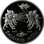 Lithuania 50 Litu 600th anniversary of the Battle of Grunwald 2010 Proof KM# 181 1410 2010 ŽALGIRIO MŪŠIS coin reverse Lithuania 50 Litu 600th anniversary of the Battle of Grunwald 2010 Proof KM# 181 1410 2010 ŽALGIRIO MŪŠIS coin reverse