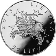 Lithuania 50 Litu Lithuania's Presidency of the Council of the European Union 2013 Proof KM# 196 2013 LIETUVA LMK 50 LITŲ coin obverse Lithuania 50 Litu Lithuania's Presidency of the Council of the European Union 2013 Proof KM# 196 2013 LIETUVA LMK 50 LITŲ coin obverse